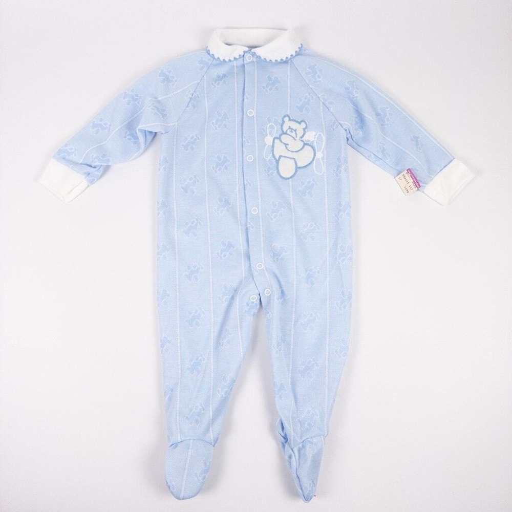 Vintage Rattles‎ Footed Sleeper Blue Bear Peter Pan Collar 80s Baby 12-18M NWT